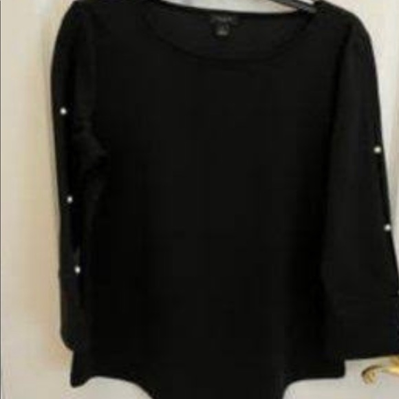💕NWT. ANN TAYLOR Black, long bell sleeved Blouse w- Pearl Details. Large.BLOUSE - Picture 5 of 13